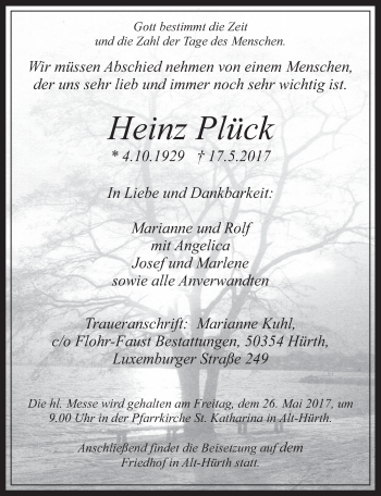 Anzeige von Heinz Plück von  Wochenende 