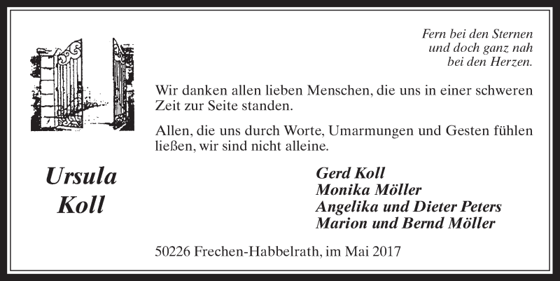  Traueranzeige für Ursula Koll vom 17.05.2017 aus  Wochenende 