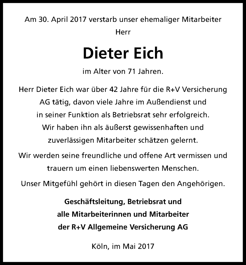  Traueranzeige für Dieter Eich vom 06.05.2017 aus Kölner Stadt-Anzeiger / Kölnische Rundschau / Express