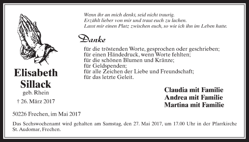  Traueranzeige für Elisabeth Sillack vom 17.05.2017 aus  Wochenende 