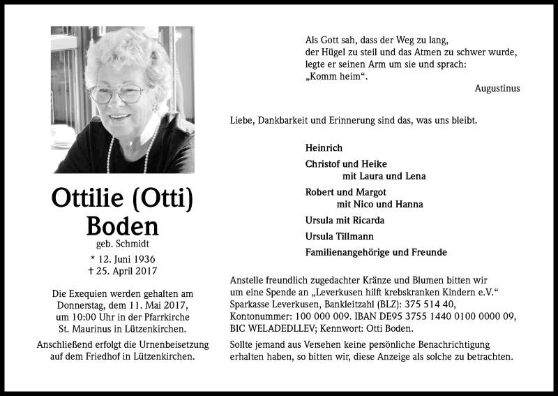  Traueranzeige für Ottilie Boden vom 04.05.2017 aus Kölner Stadt-Anzeiger / Kölnische Rundschau / Express