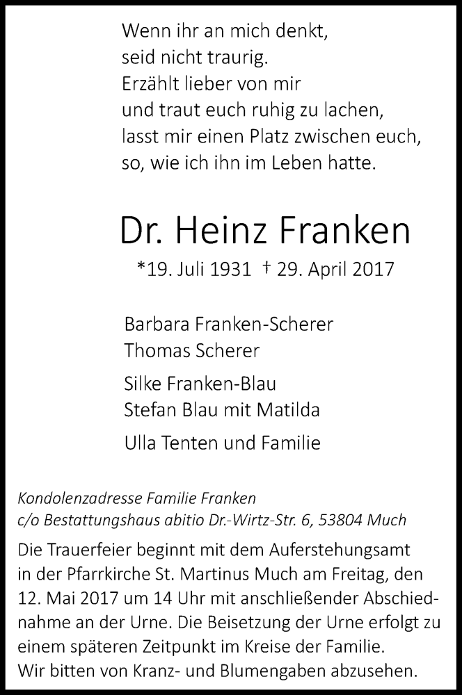  Traueranzeige für Heinz Franken vom 06.05.2017 aus Kölner Stadt-Anzeiger / Kölnische Rundschau / Express
