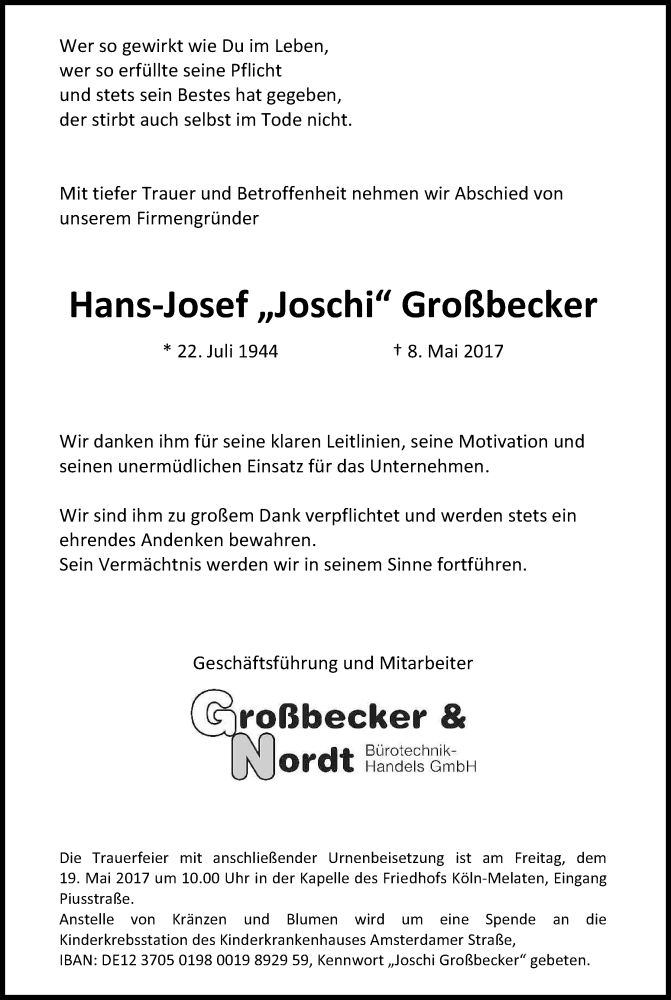  Traueranzeige für Hans-Josef Großbecker vom 13.05.2017 aus Kölner Stadt-Anzeiger / Kölnische Rundschau / Express