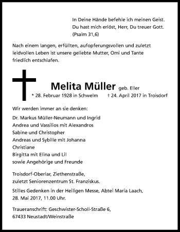 Anzeige von Melita Müller von Kölner Stadt-Anzeiger / Kölnische Rundschau / Express
