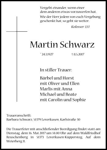 Anzeige von Martin Schwarz von Kölner Stadt-Anzeiger / Kölnische Rundschau / Express