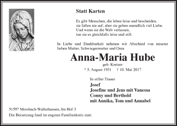 Anzeige von Anna-Maria Hube von  Lokalanzeiger 