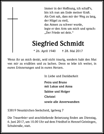 Anzeige von Siegfried Schmidt von Kölner Stadt-Anzeiger / Kölnische Rundschau / Express