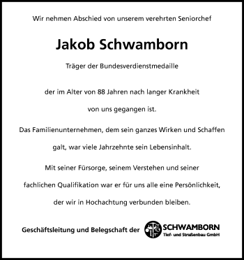 Anzeige von Jakob Schwamborn von Kölner Stadt-Anzeiger / Kölnische Rundschau / Express
