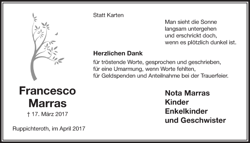  Traueranzeige für Francesco Marras vom 10.05.2017 aus  Lokalanzeiger 