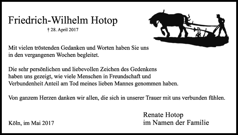  Traueranzeige für Friedrich-Wilhelm Hotop vom 31.05.2017 aus Kölner Stadt-Anzeiger / Kölnische Rundschau / Express