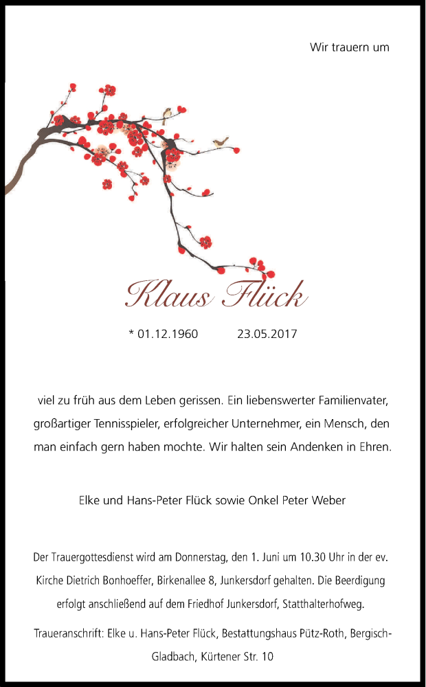  Traueranzeige für Klaus Flück vom 30.05.2017 aus Kölner Stadt-Anzeiger / Kölnische Rundschau / Express