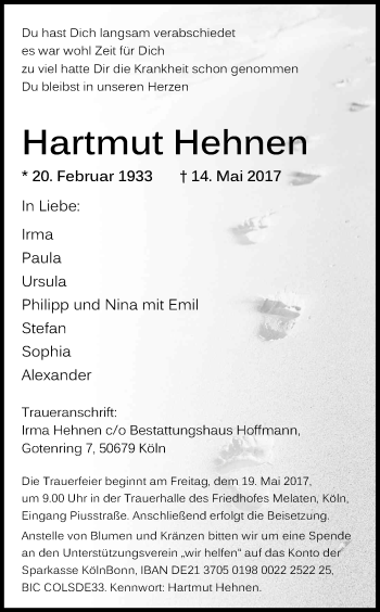 Anzeige von Hartmut Hehnen von Kölner Stadt-Anzeiger / Kölnische Rundschau / Express