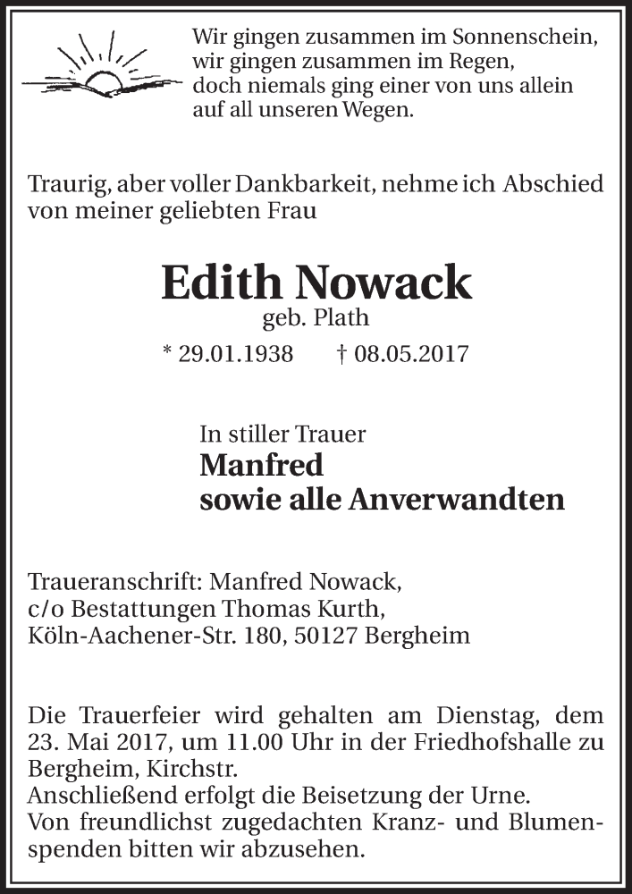  Traueranzeige für Edith Nowack vom 20.05.2017 aus  Sonntags-Post 