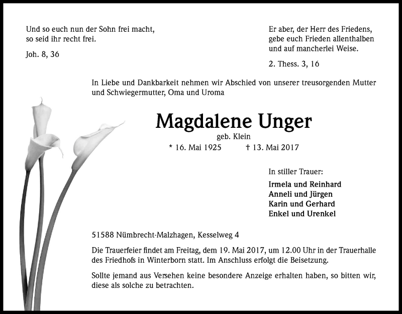  Traueranzeige für Magdalene Unger vom 17.05.2017 aus Kölner Stadt-Anzeiger / Kölnische Rundschau / Express