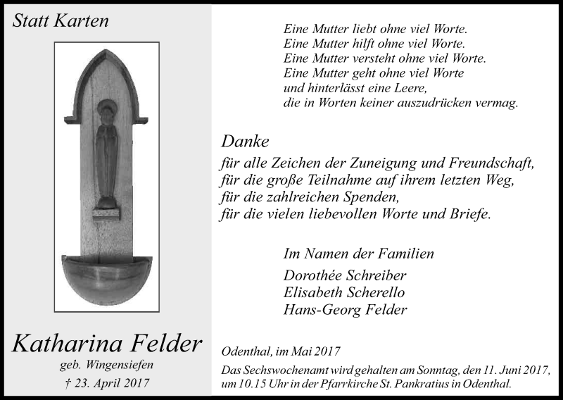  Traueranzeige für Katharina Felder vom 20.05.2017 aus Kölner Stadt-Anzeiger / Kölnische Rundschau / Express