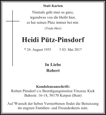 Anzeige von Heidi Pütz-Pinsdorf von  Sonntags-Post 