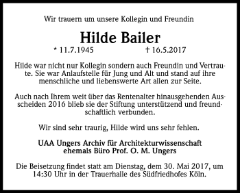 Anzeige von Hilde Bailer von Kölner Stadt-Anzeiger / Kölnische Rundschau / Express