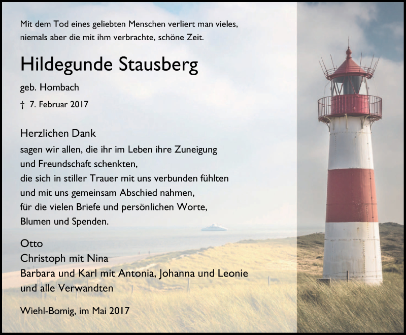  Traueranzeige für Hildegunde Stausberg vom 03.05.2017 aus  Anzeigen Echo 