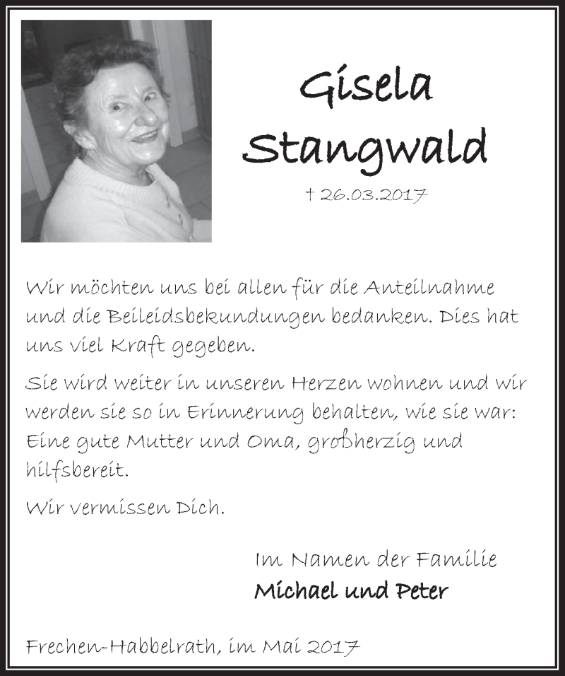  Traueranzeige für Gisela Stangwald vom 03.05.2017 aus  Wochenende 