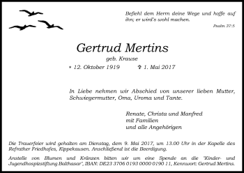 Anzeige von Gertrud Mertins von Kölner Stadt-Anzeiger / Kölnische Rundschau / Express