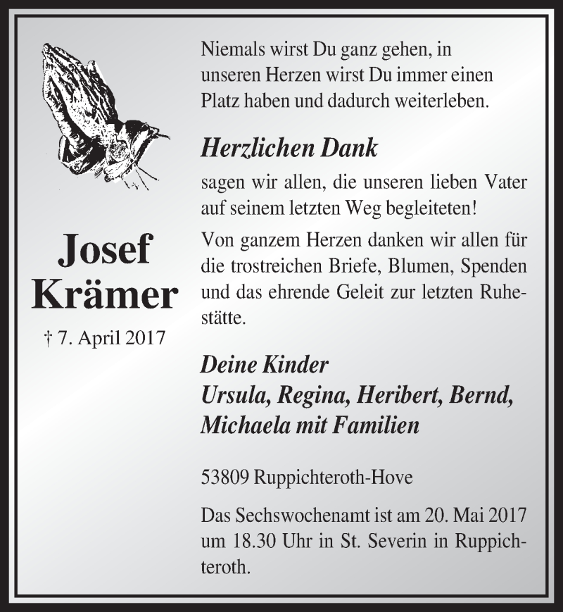  Traueranzeige für Josef Krämer vom 03.05.2017 aus  Extra Blatt 