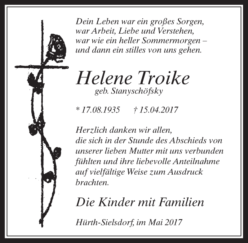  Traueranzeige für Helene Troike vom 10.05.2017 aus  Wochenende 