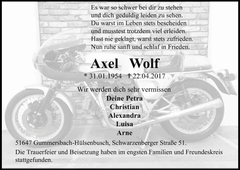  Traueranzeige für Axel Wolf vom 03.05.2017 aus Kölner Stadt-Anzeiger / Kölnische Rundschau / Express