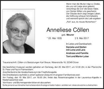 Anzeige von Anneliese Cöllen von Kölner Stadt-Anzeiger / Kölnische Rundschau / Express