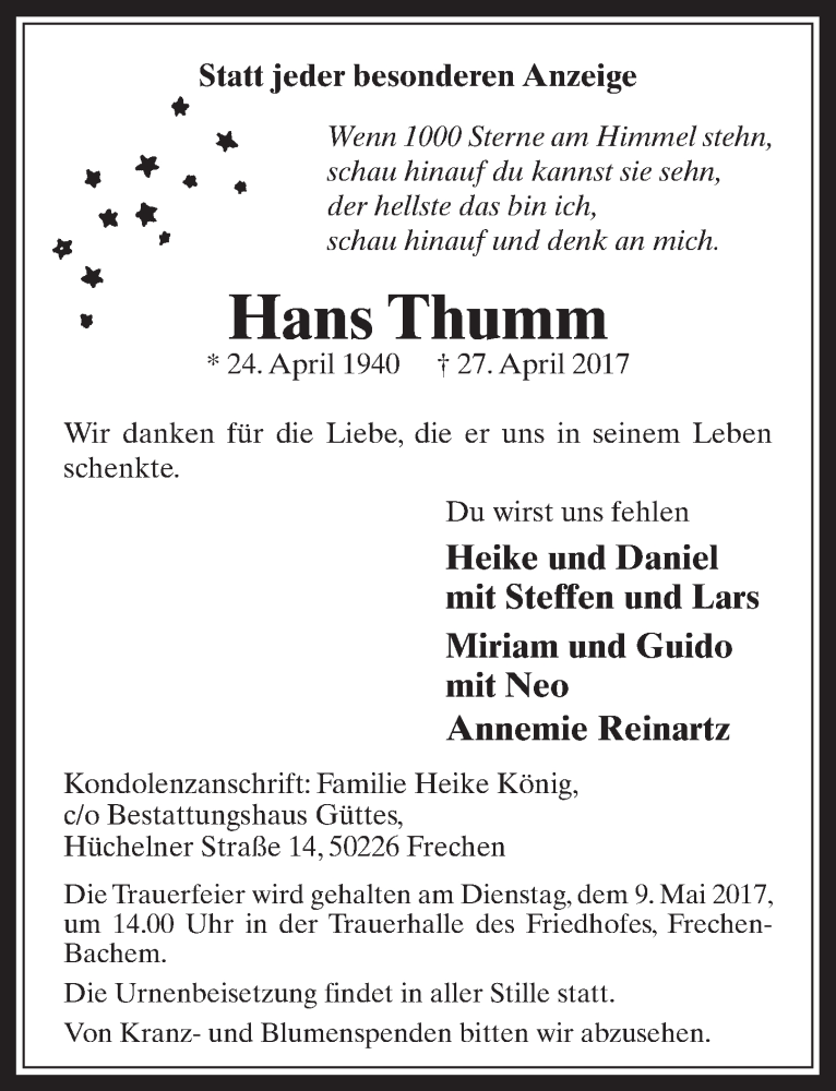  Traueranzeige für Hans Thumm vom 03.05.2017 aus  Wochenende 
