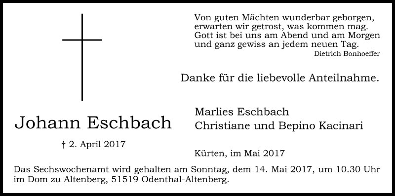  Traueranzeige für Johann Eschbach vom 06.05.2017 aus Kölner Stadt-Anzeiger / Kölnische Rundschau / Express