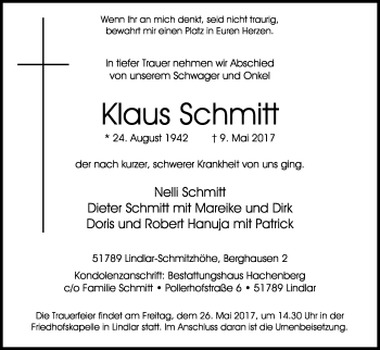Anzeige von Klaus Schmitt von Kölner Stadt-Anzeiger / Kölnische Rundschau / Express