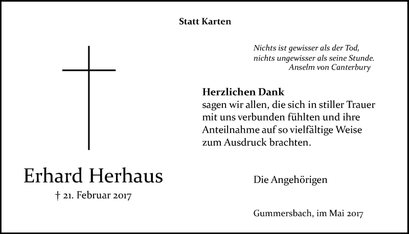  Traueranzeige für Erhard Herhaus vom 10.05.2017 aus  Anzeigen Echo 
