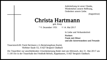 Anzeige von Christa Hartmann von Kölner Stadt-Anzeiger / Kölnische Rundschau / Express