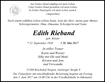 Anzeige von Edith Rieband von Kölner Stadt-Anzeiger / Kölnische Rundschau / Express