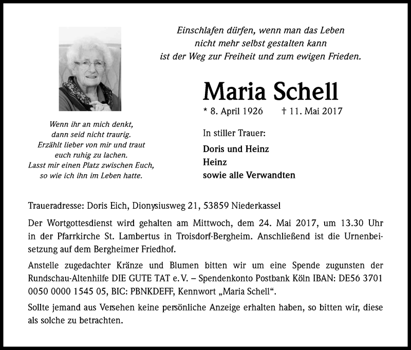  Traueranzeige für Maria Schell vom 20.05.2017 aus Kölner Stadt-Anzeiger / Kölnische Rundschau / Express