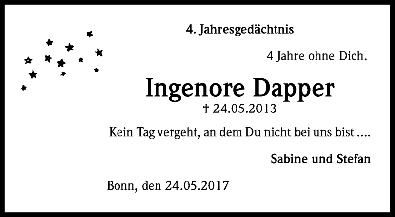  Traueranzeige für Ingenore Dapper vom 24.05.2017 aus Kölner Stadt-Anzeiger / Kölnische Rundschau / Express