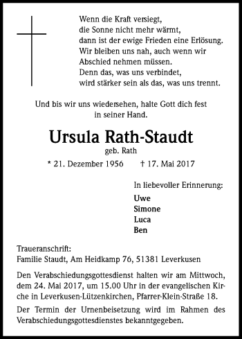 Anzeige von Ursula Rath-Staudt von Kölner Stadt-Anzeiger / Kölnische Rundschau / Express