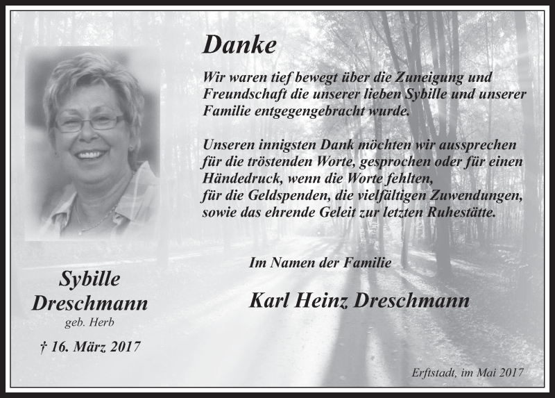  Traueranzeige für Sybille Dreschmann vom 24.05.2017 aus  Werbepost 