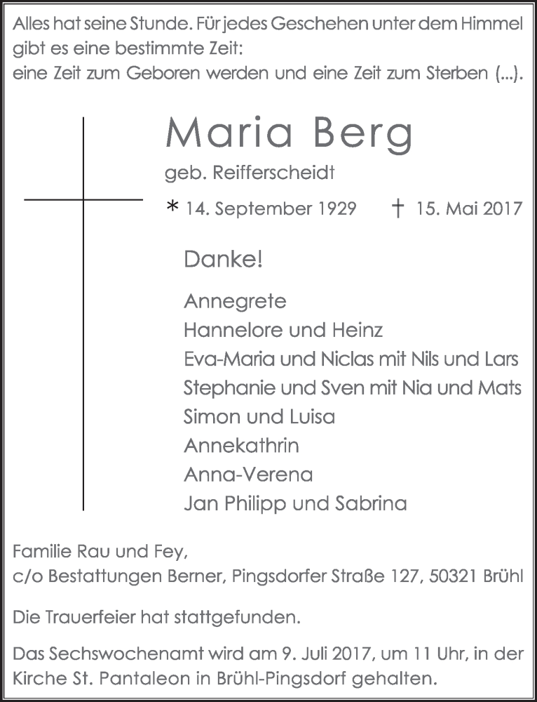  Traueranzeige für Maria Berg vom 24.05.2017 aus  Schlossbote/Werbekurier 