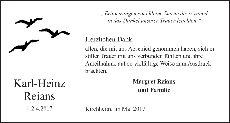  Traueranzeige für Karl-Heinz Reians vom 27.05.2017 aus  Blickpunkt Euskirchen 