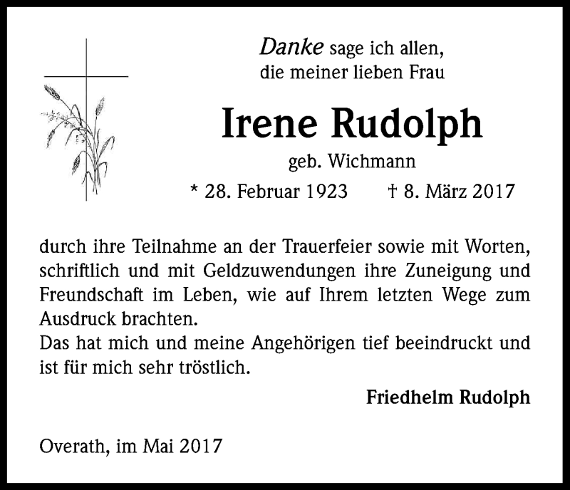  Traueranzeige für Irene Rudolph vom 20.05.2017 aus Kölner Stadt-Anzeiger / Kölnische Rundschau / Express