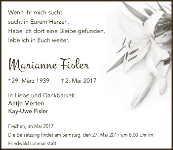 Anzeige von Marianne Fisler von  Wochenende 