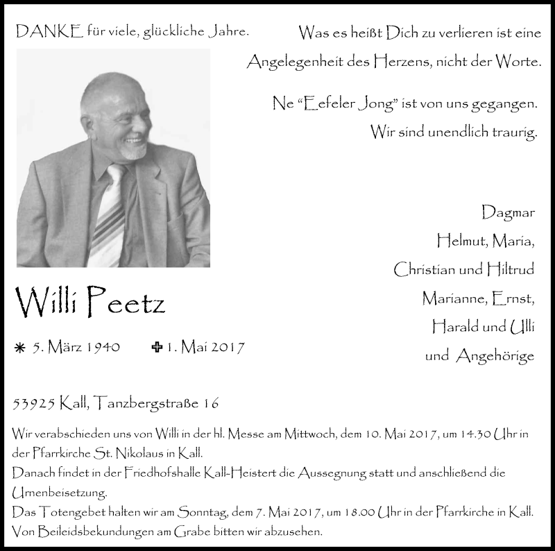  Traueranzeige für Willi Peetz vom 04.05.2017 aus Kölner Stadt-Anzeiger / Kölnische Rundschau / Express
