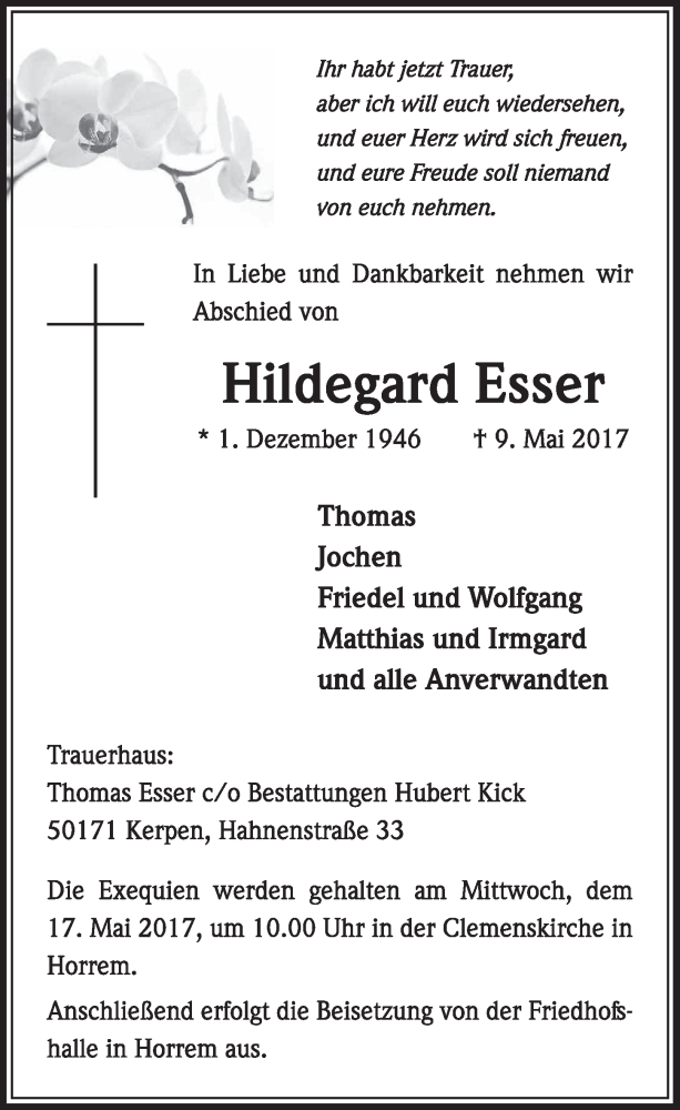  Traueranzeige für Hildegard Esser vom 13.05.2017 aus  Sonntags-Post 