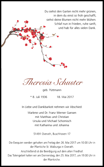 Anzeige von Theresia Schuster von Kölner Stadt-Anzeiger / Kölnische Rundschau / Express