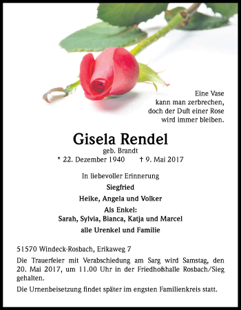 Anzeige von Gisela Rendel von Kölner Stadt-Anzeiger / Kölnische Rundschau / Express