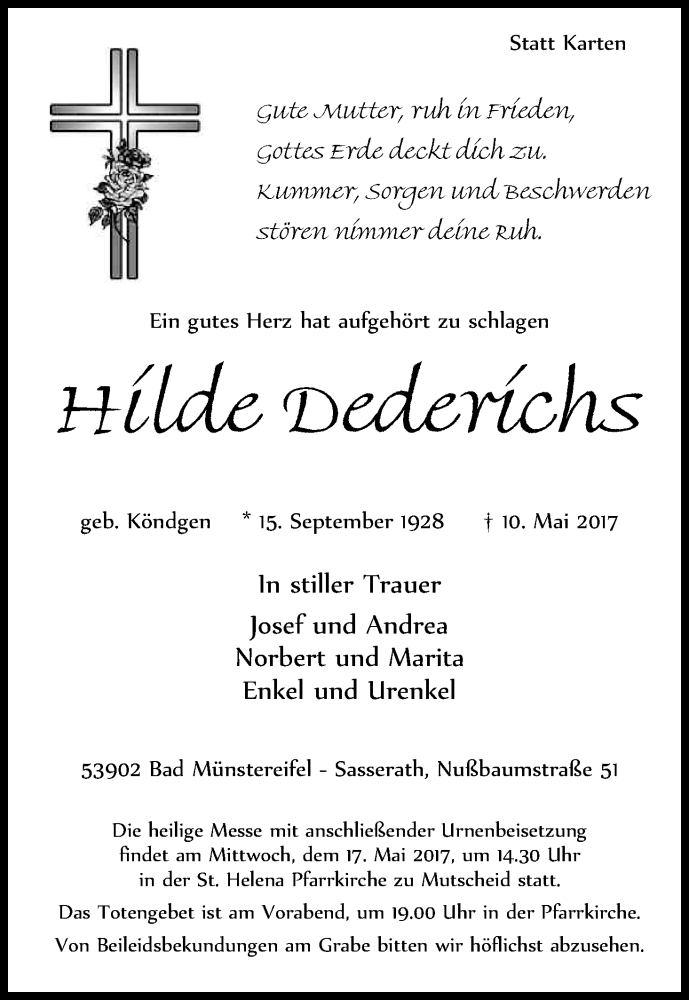  Traueranzeige für Hilde Dederichs vom 13.05.2017 aus Kölner Stadt-Anzeiger / Kölnische Rundschau / Express