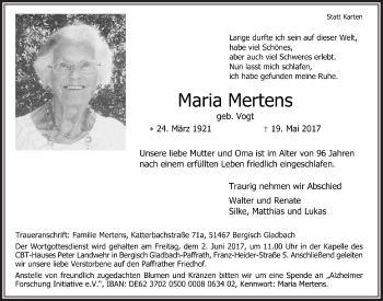 Anzeige von Maria Mertens von  Bergisches Sonntagsblatt 