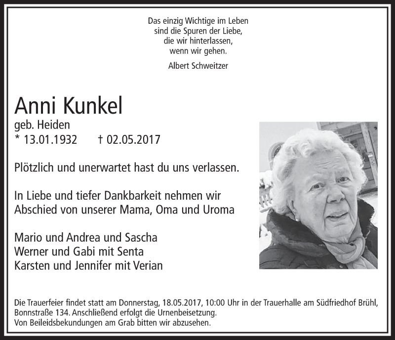  Traueranzeige für Anni Kunkel vom 17.05.2017 aus  Schlossbote/Werbekurier 