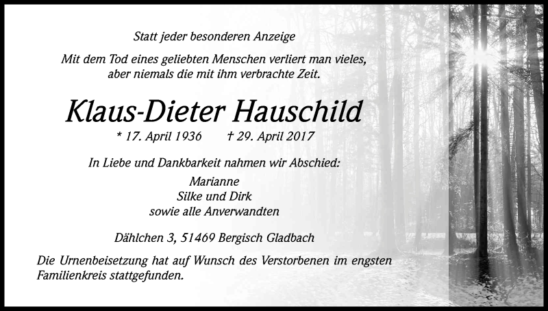 Traueranzeige für Klaus-Dieter Hauschild vom 24.05.2017 aus Kölner Stadt-Anzeiger / Kölnische Rundschau / Express
